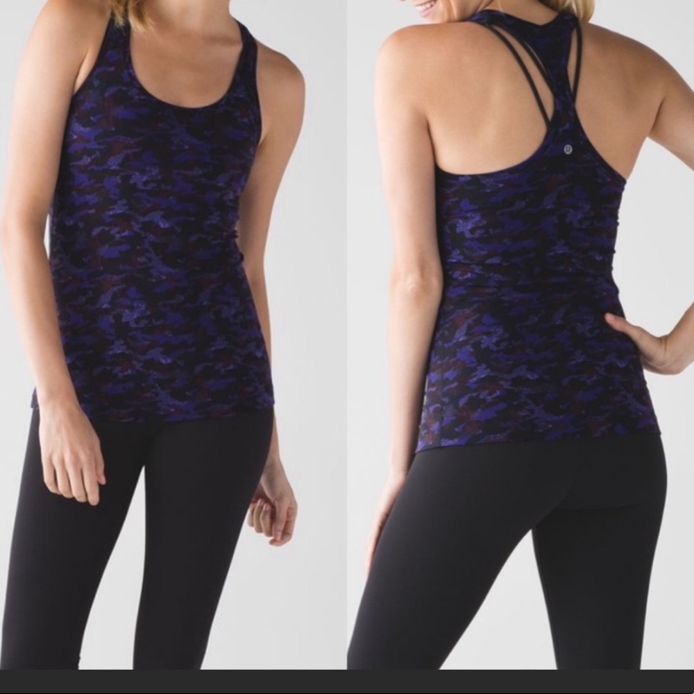 Like new lululemon blue/purple camo print racer back tank. Regular length size 2